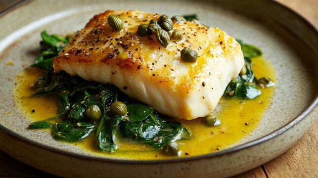 Golden cod with spinach and capers on a wooden table, all drizzled in a rich saffron sauce.
