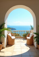 Terrace with rattan chairs. Arch with stunning sea view. Summer vacation background