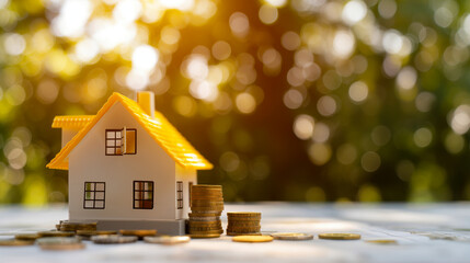 Small house model with yellow roof on a stack of coins, symbolizing real estate investment, financial growth, and savings concepts. Soft bokeh background with bright and clean focus.