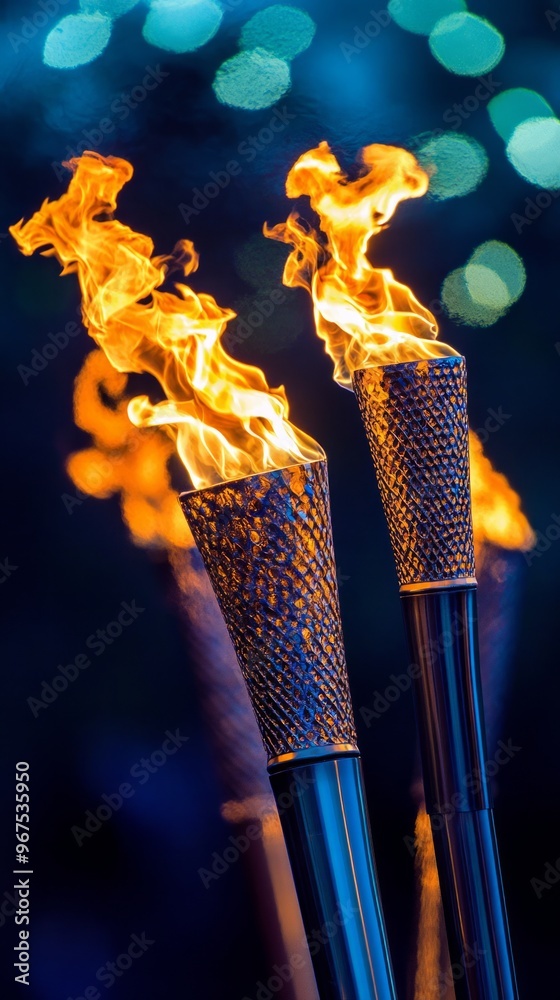 Wall mural Three metal torches with flames burning brightly against a blue bokeh background.