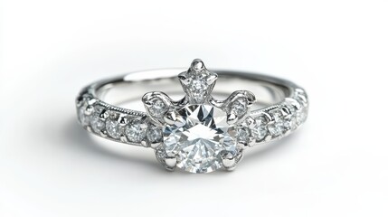 A stunning diamond ring set against white background, its brilliance and intricate design evoke sense of luxury and celebration.