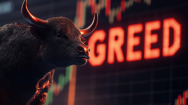 bull standing in front of rising market chart with shining word "greed". symbolizing strong increasing bull market with increased greed index. illustration for crypto bitcoin gold stock market chart