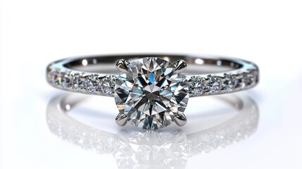 A stunning diamond station ring featuring brilliant round cut center stone, surrounded by smaller diamonds on sleek band. This elegant piece shines beautifully against white background, evoking sense 