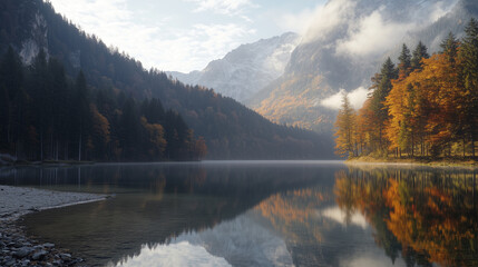 A serene lake with crystal-clear water reflecting mountains and autumn trees with golden leaves. Mist rises above the water, creating an atmosphere of calm