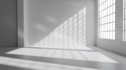 Fototapeta premium Empty studio with white background and window shadows for product showcasing.