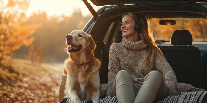 Woman enjoying a cozy autumn day with her dog in the back of a car