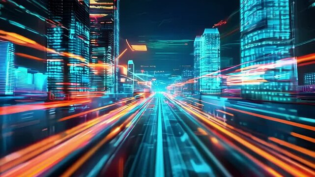 Futuristic cityscape is glowing with data flowing through buildings as self driving vehicles race down a highway at night