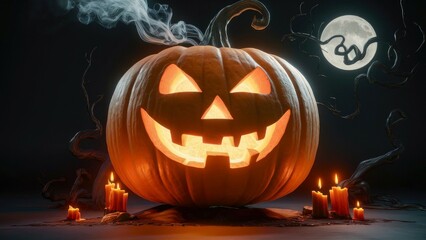 Fototapeta premium Creepy Halloween setup featuring a scary Jack O'Lantern pumpkin with smoke and candles glowing against a dark background, creating a spooky and festive vibe.