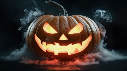 Halloween horror scene with a spooky Jack O'Lantern pumpkin emitting smoke and surrounded by glowing candles, set against a dark background, creating a chilling and festive atmosphere.