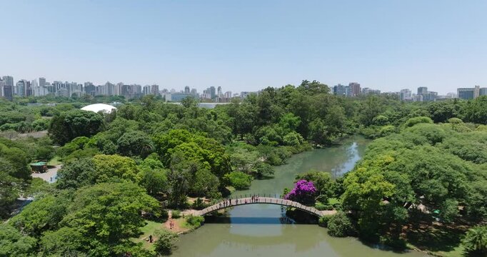 Aerial view of Ibirapuera Park with lush greenery, a serene lake, and a stunning city skyline, Sao Paulo, Brazil.