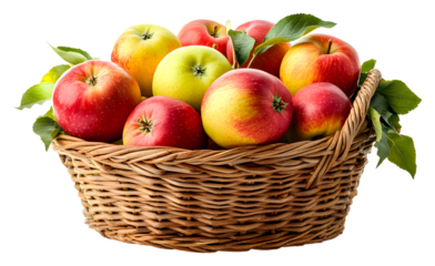 Freshly harvested apples in a woven basket isolated on transparent background