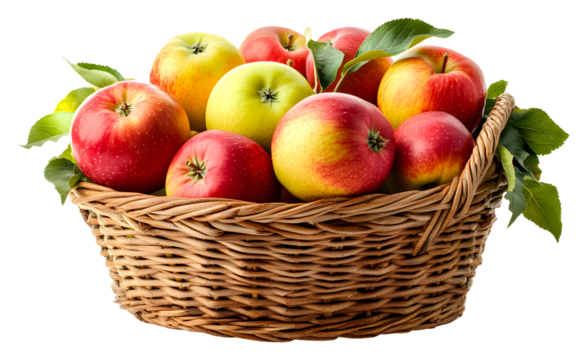 Freshly harvested apples in a woven basket isolated on transparent background