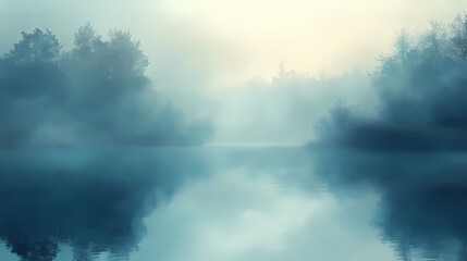 A mysterious, fog-covered lake in the early morning. Foggy Morning. Illustration