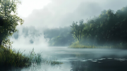 Fototapeta premium A mysterious, fog-covered lake in the early morning. Foggy Morning. Illustration