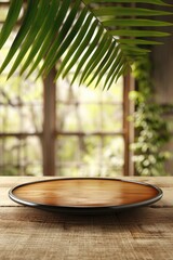 Fototapeta premium Empty round wooden podium with hanging plant above and sun rays. Mockup concept for product presentation