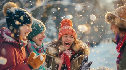 Joyful Friends Laughing in Winter Wonderland with Snowflakes Falling