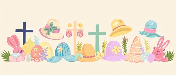 Fototapeta premium Easter bonnet, pastel colors, Easter brunch, cute crosses, religious symbols, flat design illustration