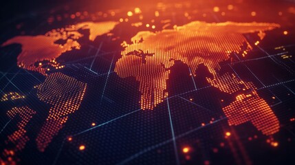 Digital world map on dark background with glowing network connections.