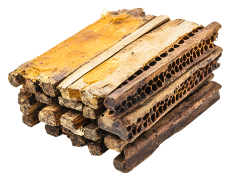 Natural honeycomb structure stacked with beeswax from local hives isolated on transparent background