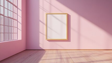 Empty gold frame, light pink wall, wooden floor, window shadow, sunlight streaming, minimalist interior, clean design, art gallery atmosphere, blank canvas.