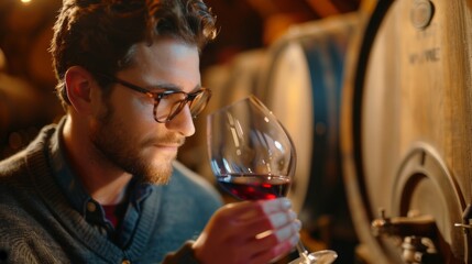 Man Savoring Wine in Beautiful Cellar with Barrels Nearby, Deep Focus