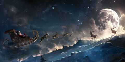 Santa Claus in his sleigh flying across a starry sky, with reindeer leading the way and a full moon illuminating the snowy landscape below.