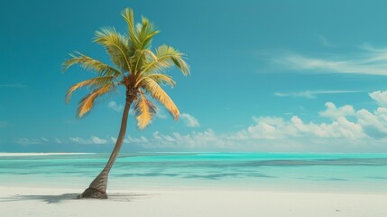 Fototapeta premium Swaying palm tree on a serene beach with turquoise waters and a clear sky. A perfect tropical escape for relaxation and vacation.