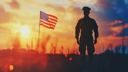 Silhouetted soldier with American flag against a fiery sunset.