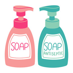 set of flat bottles with a dispenser of antiseptic and ordinary liquid soap. Colored jars with soap dispensers to ensure cleanliness and hygiene hands, body, face. Purification from bacteria, microbes