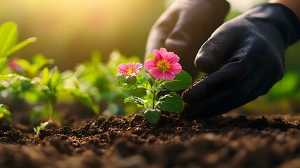 Fototapeta premium Hands planting flowers, close-up shot, gardening gloves, rich brown soil, vibrant flower petals, green leaves, sunlight filtering through, shallow depth of field.