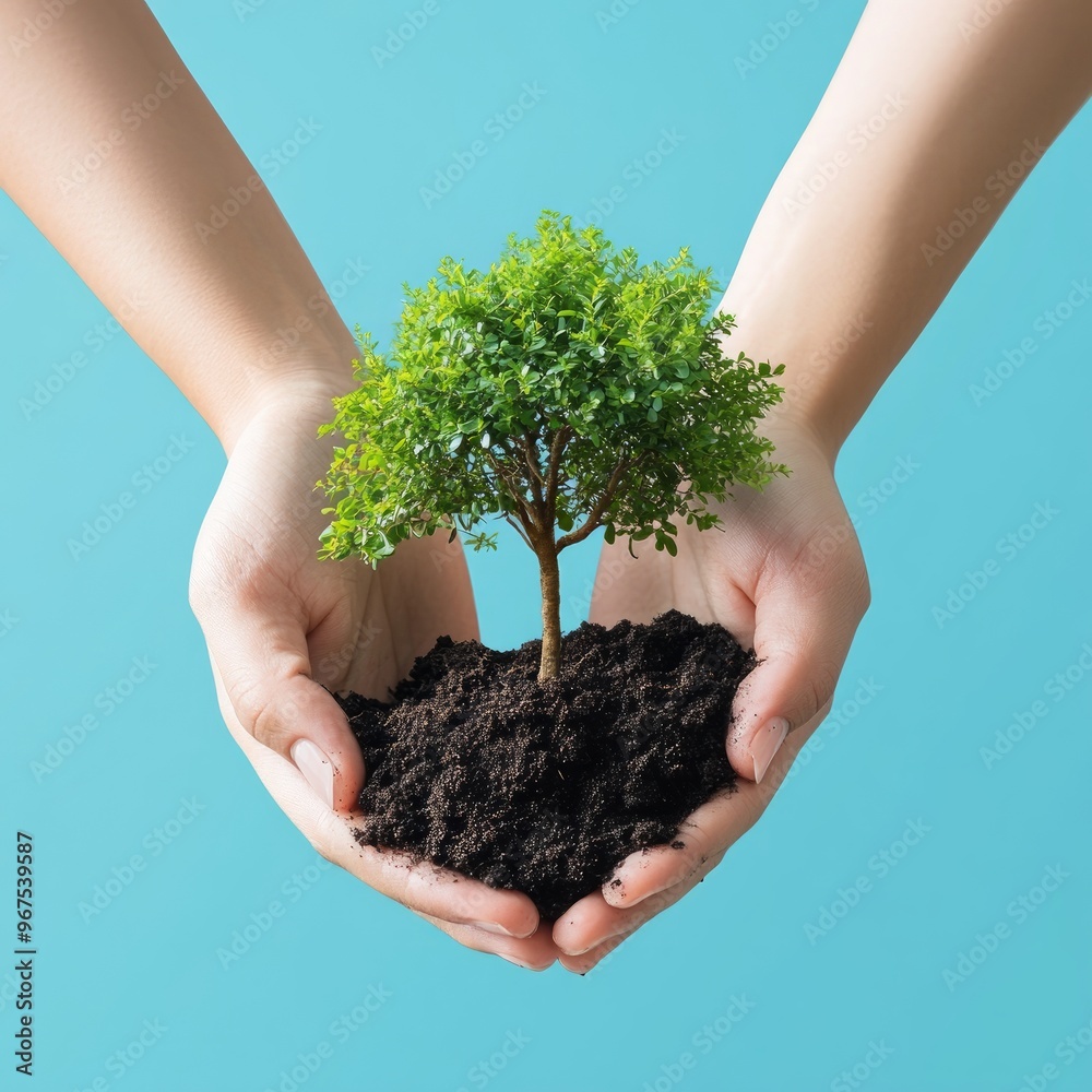 Wall mural Two hands holding a small tree and soil against a blue background.