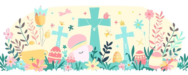 Fototapeta premium Cute crosses, religious symbols, Easter bonnet, Easter brunch, pastel colors, flat design illustration