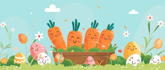 Naklejka premium Easter egg hunt, Easter treats, spring icons, cartoon carrots, flat design illustration
