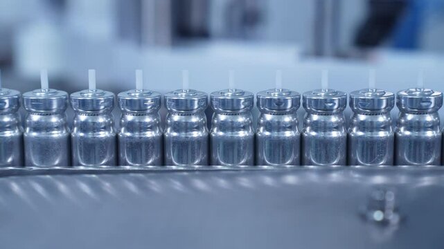 Asthma Inhaler Manufacturing Process - Metal Canister Containers on Pharmaceutical Production Line. Inhaler Bottles Moving on Conveyor Belt in Factory &ndash; Pharmaceutical Product Packaging Footage