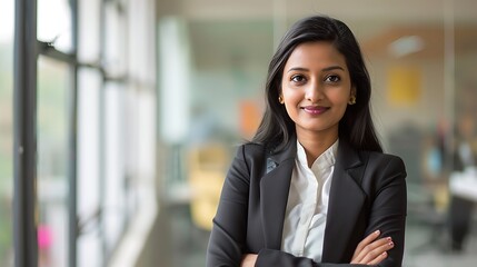 Confident Young Indian Businesswoman in Office, Business Theme, Portrait Shot, Plain Office Background