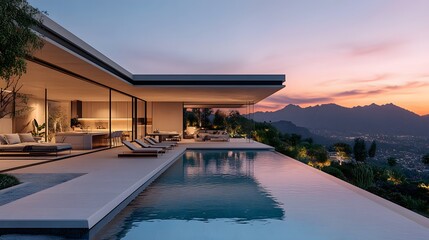 Fototapeta premium Luxurious hillside villa, infinity pool, panoramic sunset view, modern architecture, glass walls, outdoor lounge area, lush landscaping, warm evening light, mountain backdrop.