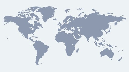 A blue and white world map with the continents of Africa, Asia, Europe