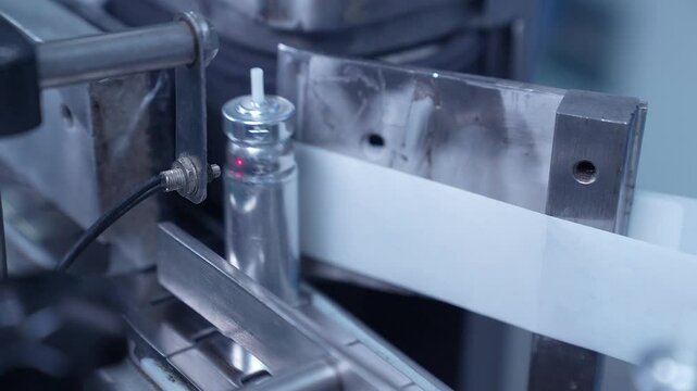 asthma inhaler, canister containers in production line. inhaler manufacturing. canister making process in a factory. asthma medicine in metal bottles on a conveyor belt. Pharmaceutical product	