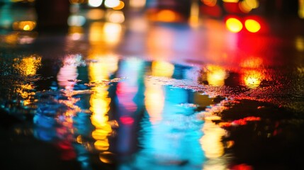 City Lights Reflected in Puddle