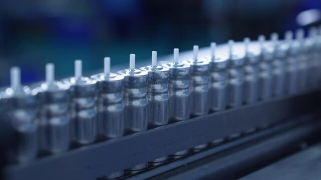 Asthma Inhaler Manufacturing Process. Metal Canister Containers on Pharmaceutical Production Line. Inhaler Bottles Moving on Conveyor Belt in Factory. Pharmaceutical Product Packaging Footage