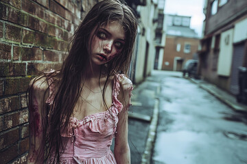 Obraz premium portrait zombie teenage girl in a pink dress with long hair on city street