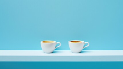 Fototapeta premium Morning espresso in two cups on white stands with blue backdrop. Arabica and ristretto presentation with copy space.