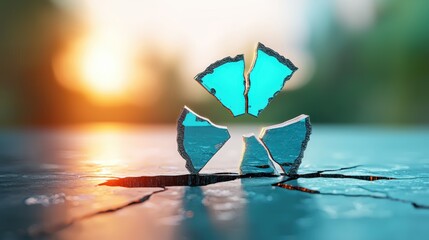 Stunning display of shattered glass forming an abstract shape, set against a blurred natural background with a warm glow.