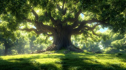 Fototapeta premium Majestic ancient oak tree, vibrant green foliage, expansive canopy, intricate root system visible, bright sunlight filtering through leaves, lush grass surrounding tree base.