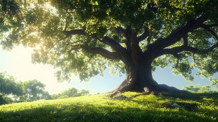 Fototapeta premium Majestic ancient oak tree, vibrant green foliage, expansive canopy, intricate root system visible, bright sunlight filtering through leaves, lush grass surrounding tree base.