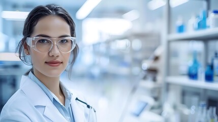 Fototapeta premium Portrait of a Laboratory Technician in a Blurred Research Lab Background, Portrait Shot, Laboratory Technician, Research Lab Background