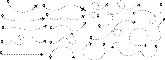 Airplane icon set. Air transport symbol. Airplane icon vector with dotted line. Flat travel illustration. Travel symbol. Vector EPS 10 © thebeststocker