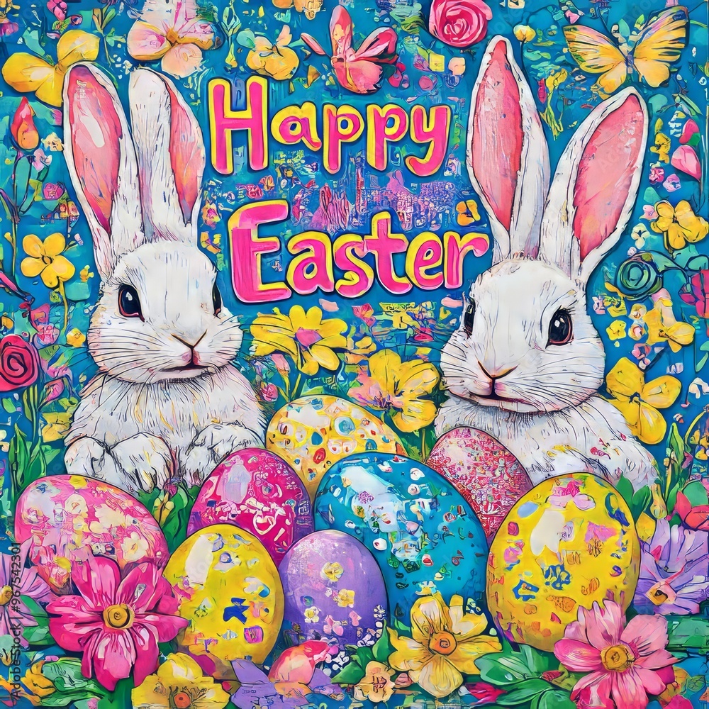 Poster Two white bunnies with pink ears holding Easter eggs in a field of flowers with a blue sky background.