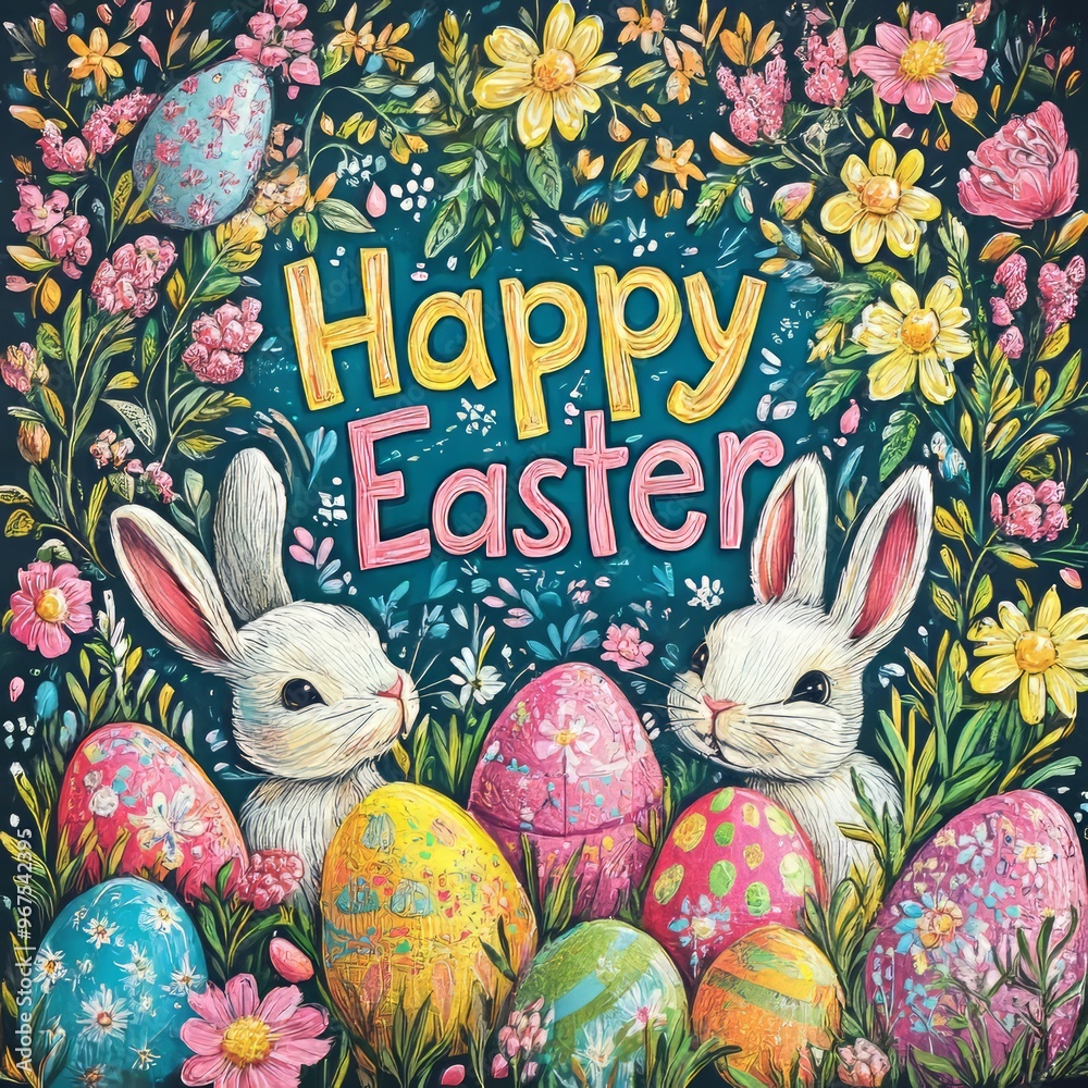 Poster Two white rabbits surrounded by colorful Easter eggs and flowers with the words 'Happy Easter' in the center.