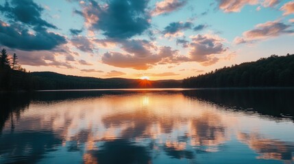 Fototapeta premium Sunset Over Still Lake in the Mountains